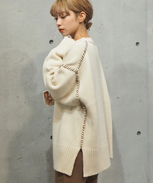 tiptop（ティップトップ）の「[新色登場] 配色ステッチBIGニットプルオーバー（ニット/セーター・レディース・ブラック/ブラウン/オフホワイト/グリーン/アイボリー/ブルー・FREE）」の10枚目の写真