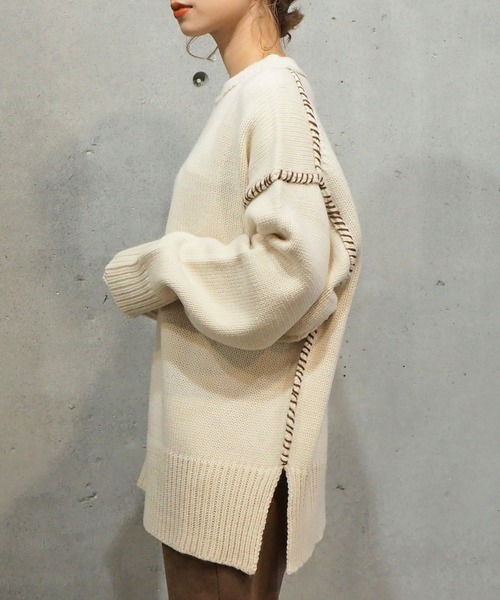 tiptop（ティップトップ）の「[新色登場] 配色ステッチBIGニットプルオーバー（ニット/セーター・レディース・ブラック/ブラウン/オフホワイト/グリーン/アイボリー/ブルー・FREE）」の11枚目の写真