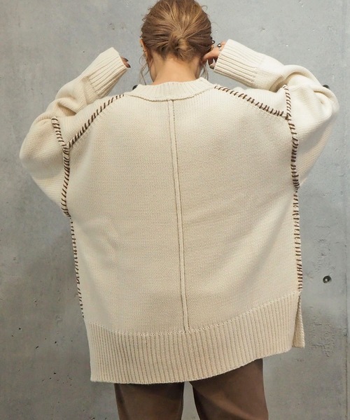 tiptop（ティップトップ）の「[新色登場] 配色ステッチBIGニットプルオーバー（ニット/セーター・レディース・ブラック/ブラウン/オフホワイト/グリーン/アイボリー/ブルー・FREE）」の12枚目の写真