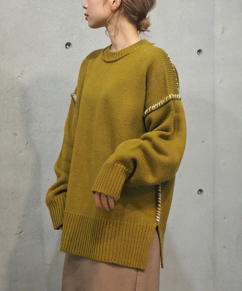 tiptop（ティップトップ）の「[新色登場] 配色ステッチBIGニットプルオーバー（ニット/セーター・レディース・ブラック/ブラウン/オフホワイト/グリーン/アイボリー/ブルー・FREE）」の20枚目の写真