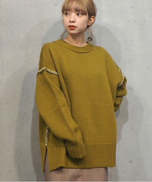 tiptop（ティップトップ）の「[新色登場] 配色ステッチBIGニットプルオーバー（ニット/セーター・レディース・ブラック/ブラウン/オフホワイト/グリーン/アイボリー/ブルー・FREE）」の18枚目の写真