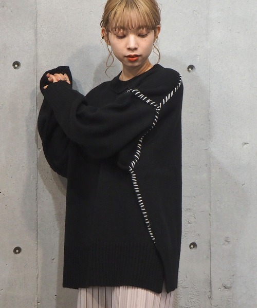 tiptop（ティップトップ）の「[新色登場] 配色ステッチBIGニットプルオーバー（ニット/セーター・レディース・ブラック/ブラウン/オフホワイト/グリーン/アイボリー/ブルー・FREE）」の15枚目の写真