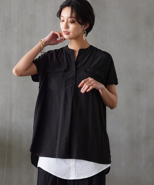 OMNES Another Edition（オムネス アナザーエディション）の「シルクタッチフラップポケットスキッパープルオーバー（シャツ/ブラウス・レディース・ブラック/イエロー/アイボリー/ラベンダー・FREE）」の3枚目の写真