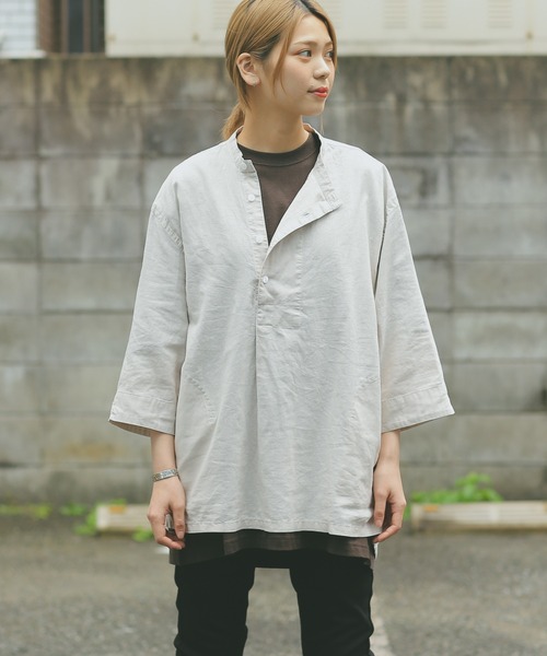 HOUSTON(ヒューストン)の「CHAMBRAY GRANPA 3/4 SLEEVES SHIRT グランパ7分袖シャツ(シャツ/ブラウス・メンズ・ブラック/ナチュラル/オリーブ・M/L/XL)」の3枚目の写真