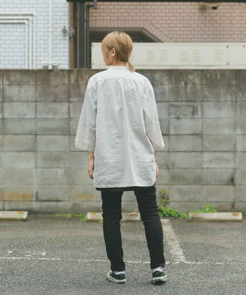 HOUSTON(ヒューストン)の「CHAMBRAY GRANPA 3/4 SLEEVES SHIRT グランパ7分袖シャツ(シャツ/ブラウス・メンズ・ブラック/ナチュラル/オリーブ・M/L/XL)」の4枚目の写真