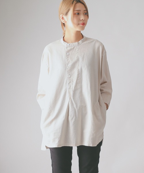 HOUSTON(ヒューストン)の「CHAMBRAY GRANPA 3/4 SLEEVES SHIRT グランパ7分袖シャツ(シャツ/ブラウス・メンズ・ブラック/ナチュラル/オリーブ・M/L/XL)」の22枚目の写真