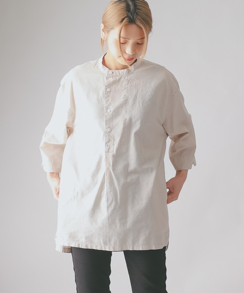 HOUSTON(ヒューストン)の「CHAMBRAY GRANPA 3/4 SLEEVES SHIRT グランパ7分袖シャツ(シャツ/ブラウス・メンズ・ブラック/ナチュラル/オリーブ・M/L/XL)」の6枚目の写真