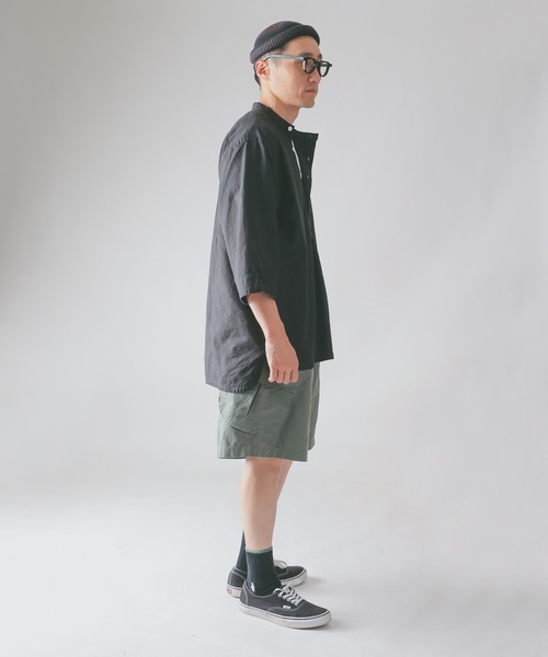 HOUSTON(ヒューストン)の「CHAMBRAY GRANPA 3/4 SLEEVES SHIRT グランパ7分袖シャツ(シャツ/ブラウス・メンズ・ブラック/ナチュラル/オリーブ・M/L/XL)」の14枚目の写真