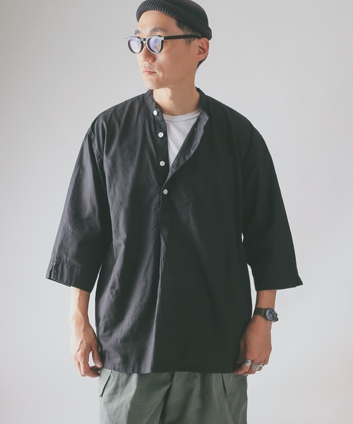 HOUSTON(ヒューストン)の「CHAMBRAY GRANPA 3/4 SLEEVES SHIRT グランパ7分袖シャツ(シャツ/ブラウス・メンズ・ブラック/ナチュラル/オリーブ・M/L/XL)」の7枚目の写真