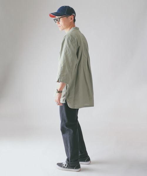 HOUSTON(ヒューストン)の「CHAMBRAY GRANPA 3/4 SLEEVES SHIRT グランパ7分袖シャツ(シャツ/ブラウス・メンズ・ブラック/ナチュラル/オリーブ・M/L/XL)」の8枚目の写真