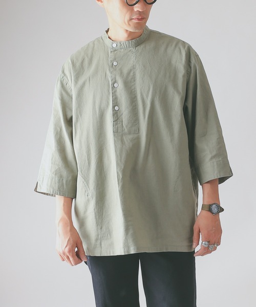 HOUSTON(ヒューストン)の「CHAMBRAY GRANPA 3/4 SLEEVES SHIRT グランパ7分袖シャツ(シャツ/ブラウス・メンズ・ブラック/ナチュラル/オリーブ・M/L/XL)」の12枚目の写真