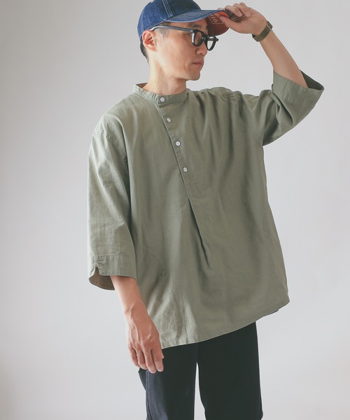HOUSTON(ヒューストン)の「CHAMBRAY GRANPA 3/4 SLEEVES SHIRT グランパ7分袖シャツ(シャツ/ブラウス・メンズ・ブラック/ナチュラル/オリーブ・M/L/XL)」の21枚目の写真