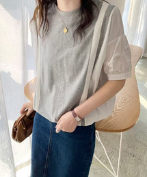 emi+ | クルーネックカットソードッキング5分袖パフスリーブブラウス(Tシャツ/カットソー)