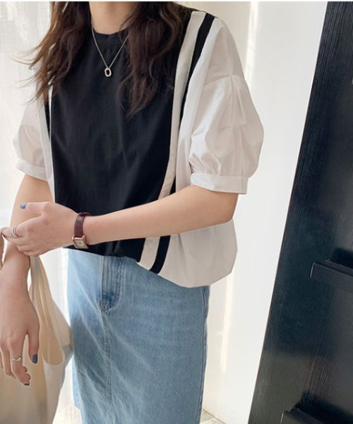 emi+（エミプラス）の「クルーネックカットソードッキング5分袖パフスリーブブラウス（Tシャツ/カットソー・レディース・ホワイト/ブラック/グレー/ベージュ・FREE）」の3枚目の写真