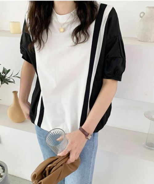 emi+（エミプラス）の「クルーネックカットソードッキング5分袖パフスリーブブラウス（Tシャツ/カットソー・レディース・ホワイト/ブラック/グレー/ベージュ・FREE）」の8枚目の写真