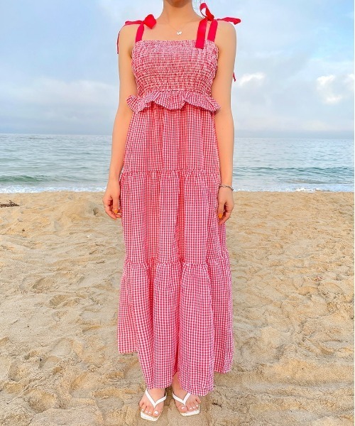 chuu（チュー）の「CHUU チェックリボンティアードワンピース（ワンピース・レディース・ブラック/レッド・FREE）」の14枚目の写真