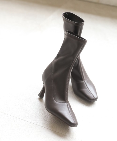 VIVIAN（ヴィヴィアン）の「スクエアトゥバックファスナーストレッチショートブーツ（ブーツ・レディース・ヘザーチャコール/ホワイト系その他5/ブラック系その他2/ブラック系その他3/ブラウン系その他5・LL/S/M/L）」の5枚目の写真