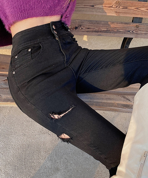 Bifrost(ビフレスト)の「ダメージスキニーデニムパンツ(デニムパンツ・レディース・ブラック/ブルー・L/M)」の13枚目の写真