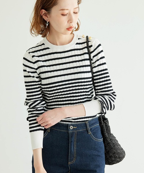 ROPE' PICNIC（ロペピクニック）の「オーガニックコットン肩釦ボーダーニットプルオーバー（ニット/セーター・レディース・ブラック系その他/ベージュ系その他2/グリーン系その他/イエロー系その他・38）」の2枚目の写真