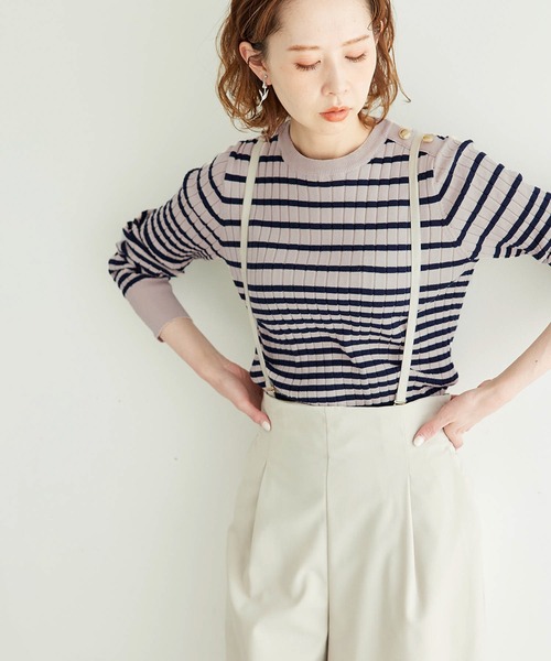 ROPE' PICNIC（ロペピクニック）の「オーガニックコットン肩釦ボーダーニットプルオーバー（ニット/セーター・レディース・ブラック系その他/ベージュ系その他2/グリーン系その他/イエロー系その他・38）」の3枚目の写真