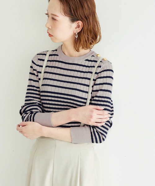 ROPE' PICNIC（ロペピクニック）の「オーガニックコットン肩釦ボーダーニットプルオーバー（ニット/セーター・レディース・ブラック系その他/ベージュ系その他2/グリーン系その他/イエロー系その他・38）」の21枚目の写真