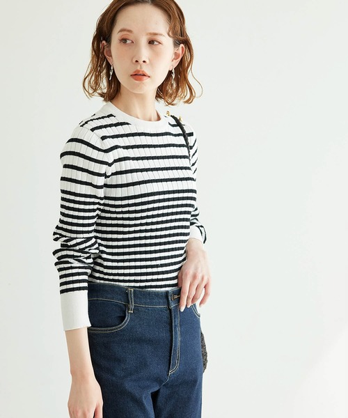 ROPE' PICNIC（ロペピクニック）の「オーガニックコットン肩釦ボーダーニットプルオーバー（ニット/セーター・レディース・ブラック系その他/ベージュ系その他2/グリーン系その他/イエロー系その他・38）」の18枚目の写真