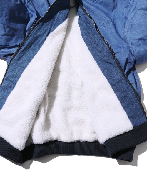 HUF（ハフ）の「HUF/ハフ COLTON HOODED ZIP JACKET デニムボアジャケット エンボスロゴ シェルパジャケット（デニムジャケット・メンズ・インディゴブルー・M/L/XL）」の2枚目の写真
