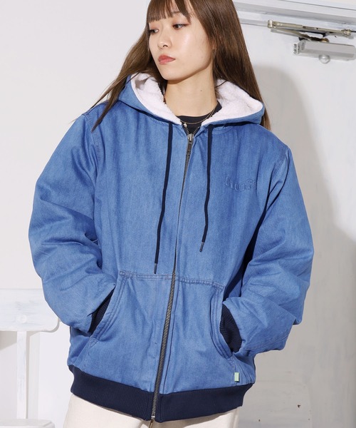 HUF（ハフ）の「HUF/ハフ COLTON HOODED ZIP JACKET デニムボアジャケット エンボスロゴ シェルパジャケット（デニムジャケット・メンズ・インディゴブルー・M/L/XL）」の9枚目の写真