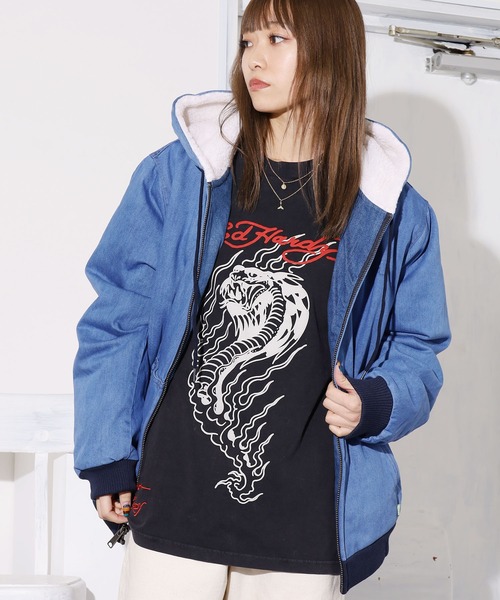 HUF（ハフ）の「HUF/ハフ COLTON HOODED ZIP JACKET デニムボアジャケット エンボスロゴ シェルパジャケット（デニムジャケット・メンズ・インディゴブルー・M/L/XL）」の13枚目の写真