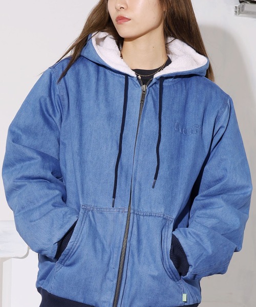 HUF（ハフ）の「HUF/ハフ COLTON HOODED ZIP JACKET デニムボアジャケット エンボスロゴ シェルパジャケット（デニムジャケット・メンズ・インディゴブルー・M/L/XL）」の10枚目の写真