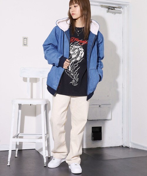 HUF（ハフ）の「HUF/ハフ COLTON HOODED ZIP JACKET デニムボアジャケット エンボスロゴ シェルパジャケット（デニムジャケット・メンズ・インディゴブルー・M/L/XL）」の22枚目の写真