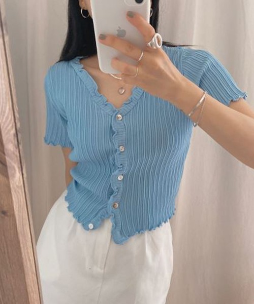 by muni:r（バイ ムニール）の「ウェーブリブ半袖カーディガン（ニット/セーター・レディース・ブラック/ピンク/イエロー/ブルー/グリーン/アイボリー・FREE）」の4枚目の写真