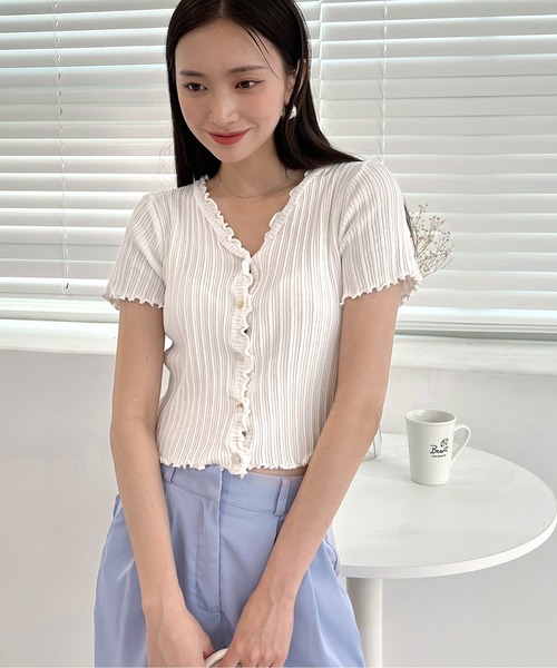 by muni:r（バイ ムニール）の「ウェーブリブ半袖カーディガン（ニット/セーター・レディース・ブラック/ピンク/イエロー/ブルー/グリーン/アイボリー・FREE）」の12枚目の写真