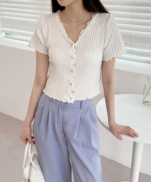 by muni:r（バイ ムニール）の「ウェーブリブ半袖カーディガン（ニット/セーター・レディース・ブラック/ピンク/イエロー/ブルー/グリーン/アイボリー・FREE）」の13枚目の写真