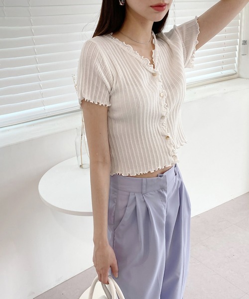 by muni:r（バイ ムニール）の「ウェーブリブ半袖カーディガン（ニット/セーター・レディース・ブラック/ピンク/イエロー/ブルー/グリーン/アイボリー・FREE）」の20枚目の写真