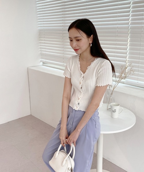 by muni:r（バイ ムニール）の「ウェーブリブ半袖カーディガン（ニット/セーター・レディース・ブラック/ピンク/イエロー/ブルー/グリーン/アイボリー・FREE）」の21枚目の写真