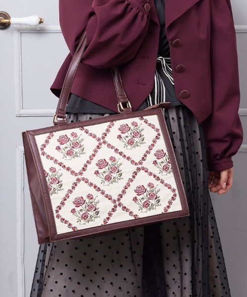 axes femme POETIQUE（アクシーズファムポエティック）の「ローズ刺繍レトロトートバッグ（トートバッグ・レディース・ワイン/グリーン・FREE）」の2枚目の写真