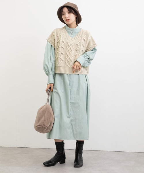 POU DOU DOU(プードゥドゥ)の「ケーブル編みポップコーンニットベスト(ベスト・レディース・グレー/カーキ/キナリ・3)」の8枚目の写真