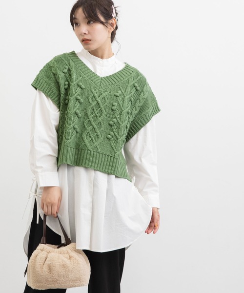 POU DOU DOU(プードゥドゥ)の「ケーブル編みポップコーンニットベスト(ベスト・レディース・グレー/カーキ/キナリ・3)」の12枚目の写真