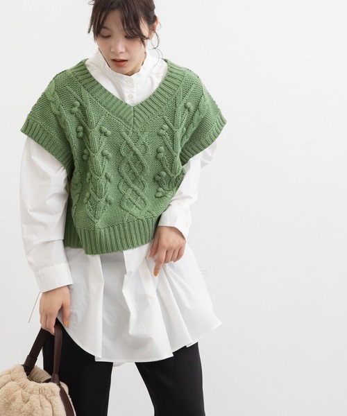 POU DOU DOU(プードゥドゥ)の「ケーブル編みポップコーンニットベスト(ベスト・レディース・グレー/カーキ/キナリ・3)」の15枚目の写真