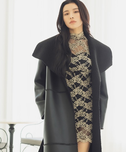 レザーボアリバーシブルロングコート（ノーカラーコート）｜AMBIENT