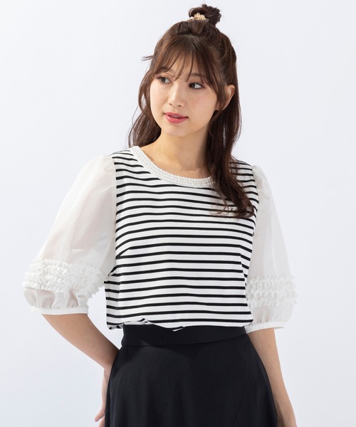 ローズティアラ　首元パールのカットソー セール】パール襟カットソー（Tシャツ/カットソー）｜Rose Tiara
