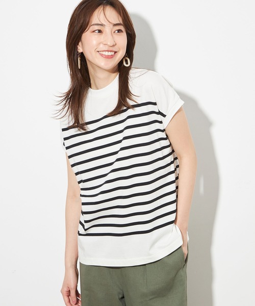 Petit Honfleur（プチオンフルール）の「【UVカット・接触冷感】オーガニックコットンボーダーモックネックＴシャツ（Tシャツ/カットソー・レディース・アイボリー/ブラック・L/M）」の2枚目の写真