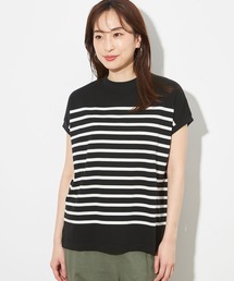 【UVカット・接触冷感】オーガニックコットンボーダーモックネックＴシャツ