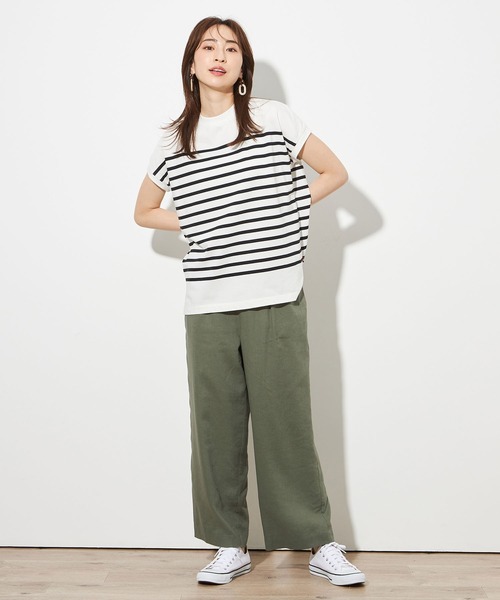Petit Honfleur（プチオンフルール）の「【UVカット・接触冷感】オーガニックコットンボーダーモックネックＴシャツ（Tシャツ/カットソー・レディース・アイボリー/ブラック・L/M）」の3枚目の写真