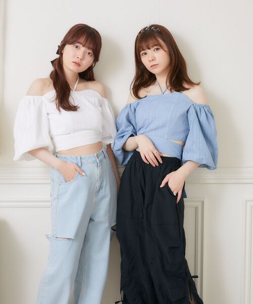 ems excite（エムズエキサイト）の「サイドスリットBリボンBL（シャツ/ブラウス・レディース・ブルー/オレンジ/ホワイト・FREE）」の4枚目の写真