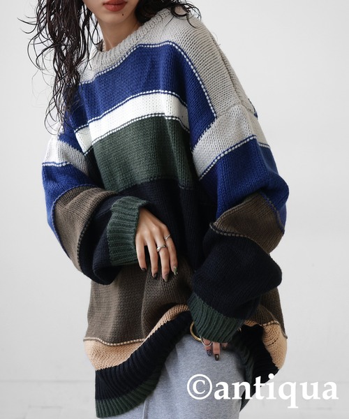 antiqua（アンティカ）の「カラフルマルチボーダーニット（ニット/セーター・レディース・マルチ/ブラックミックス・FREE）」の6枚目の写真