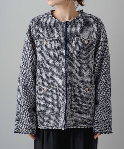 PUAL CE CIN（ピュアルセシン）の「ウール混ツイードジャケット（ノーカラージャケット・レディース・ネイビー/ブラック・FREE）」の11枚目の写真