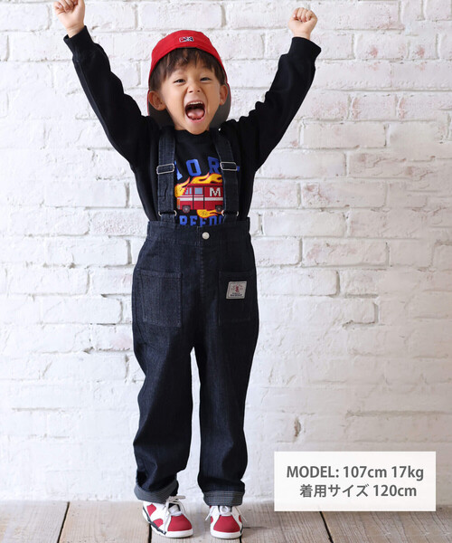 SLAP SLIP（スラップスリップ）の「【宮城舞さん×SLAPSLIP】デニムツイルストレッチサロペット(80~120cm)（つなぎ/オールインワン・キッズ・ネイビー/ベージュ・100cm/110cm/80ｃｍ/90cm/120cm）」の3枚目の写真