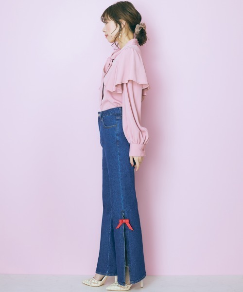 marun（マルン）の「＜大きいサイズ＞ 裾スリットデニムパンツ marun（デニムパンツ・レディース・ネイビー/ライトブルー・92/96/106/114/122/80/84/88/98）」の6枚目の写真